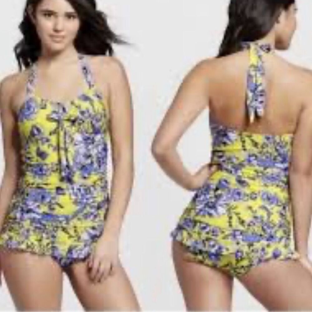 SEA‎ ANGEL | Skirt Ruched Yellow Blue Floral Halter One-Piece Swimsuit | Small